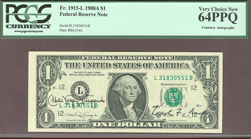 Fr.1915-L, 1988A $1 FRN, Double Autograph: Villapando & Brady